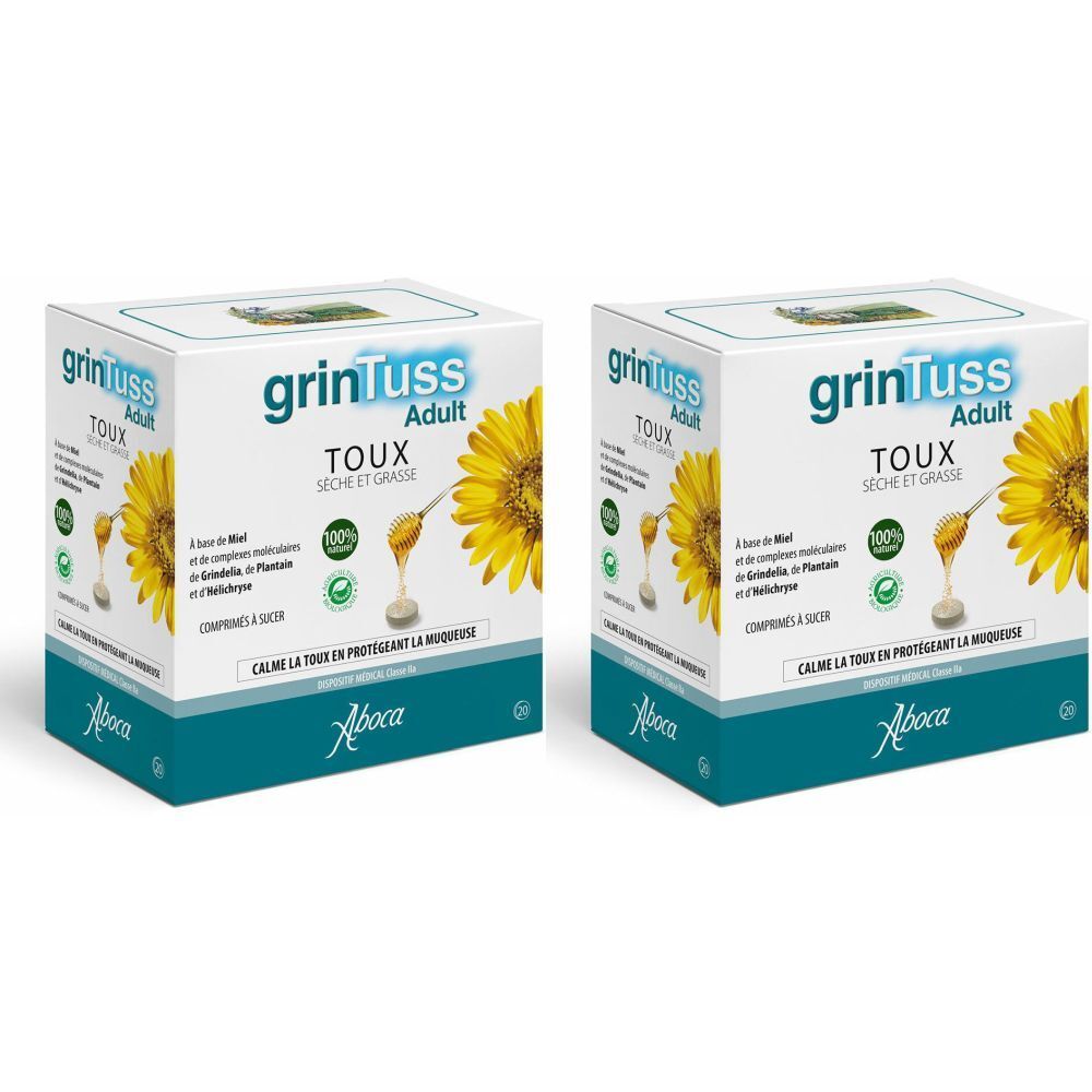 Deux boîtes carrées avec le nom du produit « grintuss Adult TOUX ». Imprimés : tournesol, miel, cercles verts et texte.