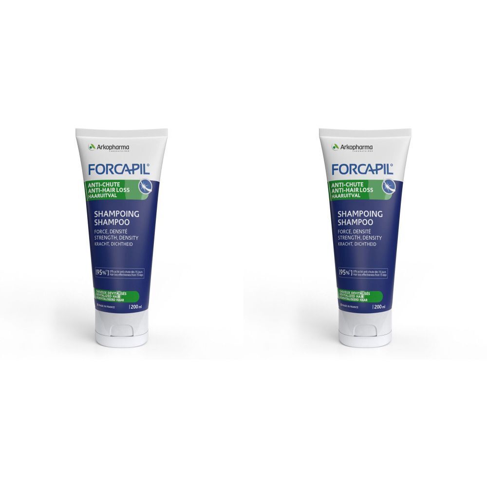 Deux tubes de shampooing FORCAPIL. Emballage blanc et bleu avec nom du produit et informations.