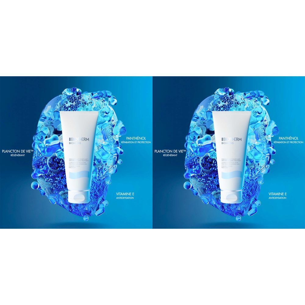 Tube blanche avec texte bleu. Inscription : BIOTHERM. Fond : design d'eau bleue avec informations produit.