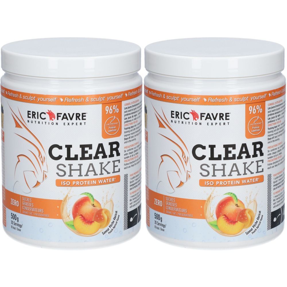 Deux pots blancs avec couvercles. Inscription: ERIC FAVRE, CLEAR SHAKE, ISO PROTEIN WATER. Illustration de pêche et d'abricot.