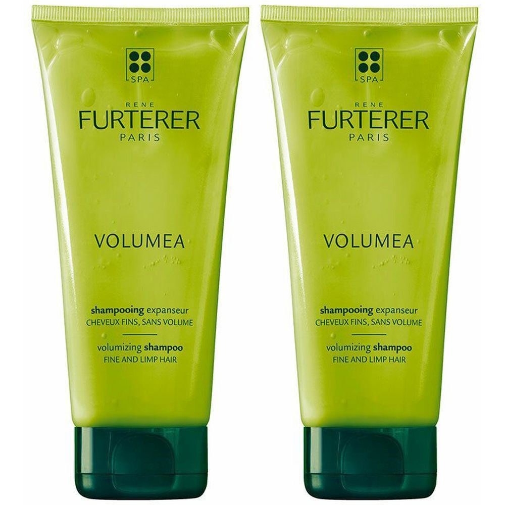 Deux tubes verts de shampooing. Inscription: René Furterer Paris, VOLUMEA, shampooing expanseur, volumizing shampoo.