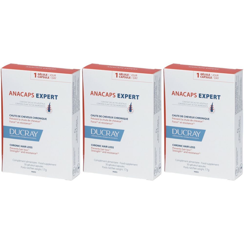 Trois boîtes "ANACAPS EXPERT". En dessous, "DUCRAY" et l'indication "Chute de cheveux chronique". En haut, "1 gélule/jour".