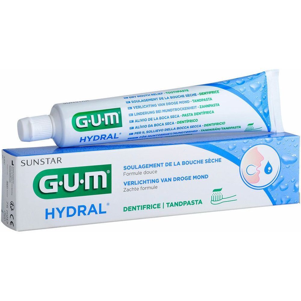 Tube et boîte de dentifrice GUM Hydral. Emballage blanc et bleu avec le nom du produit en évidence.