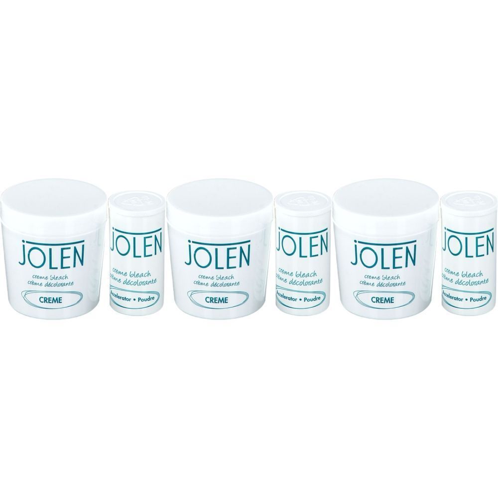 Verschillende witte potten en kleine cilindrische containers. Op de containers staat "JOLEN" en "Crème décolorante".