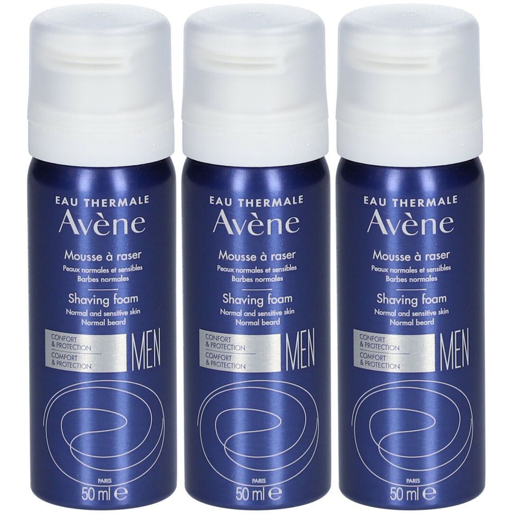 Trois flacons bleus de mousse à raser Avene MEN avec bouchon blanc. Inscription: Eau Thermale Avène, Mousse à raser, Shaving foam, MEN, 50 ml.