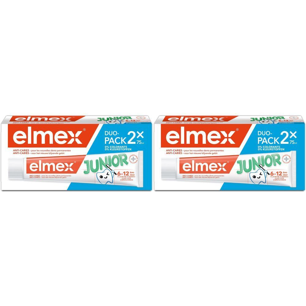 Zwei Packungen Zahnpasta. Auf der Verpackung steht "elmex Junior" und "DUO-PACK 2x". Die Tube zeigt ein lächelndes Zahnsymbol.