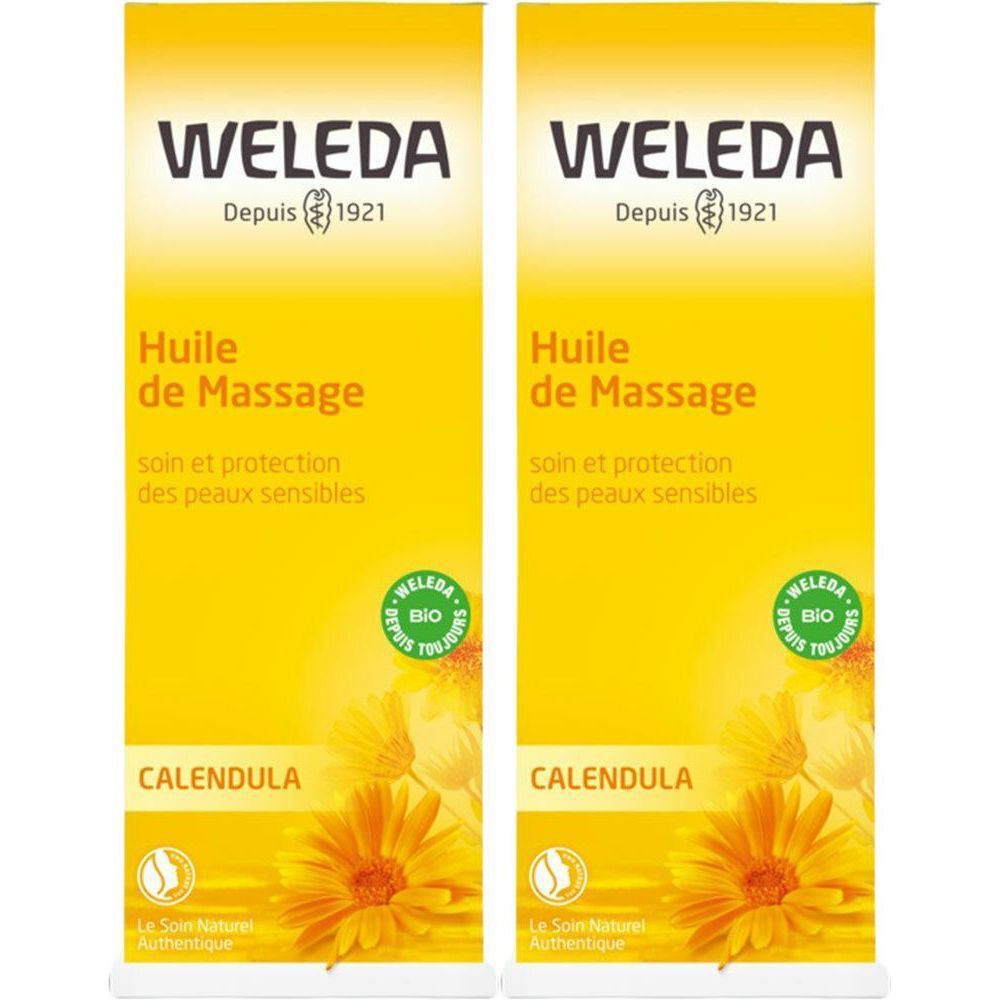 Deux affiches jaunes avec logo Weleda, nom du produit et label bio. Texte: Huile de Massage, Calendula.