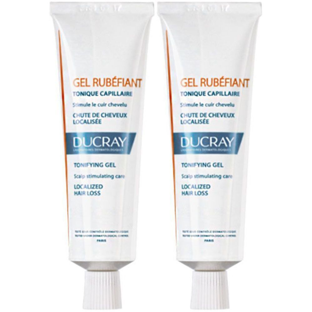 Zwei Tuben Gel. Aufschrift: GEL RUBÉFIANT, TONIQUE CAPILLAIRE, DUCRAY. Für lokalisierte Haarausfall.