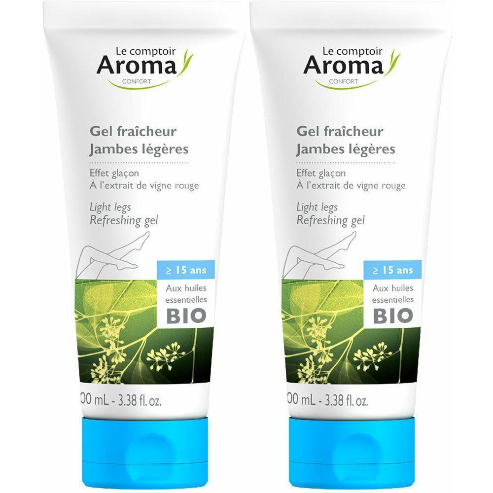 Zwei Tuben Gel. Weiß, mit blauem Verschluss. Aufschrift: Aroma, Gel fraîcheur, Light legs, BIO. Ab 15 Jahren.