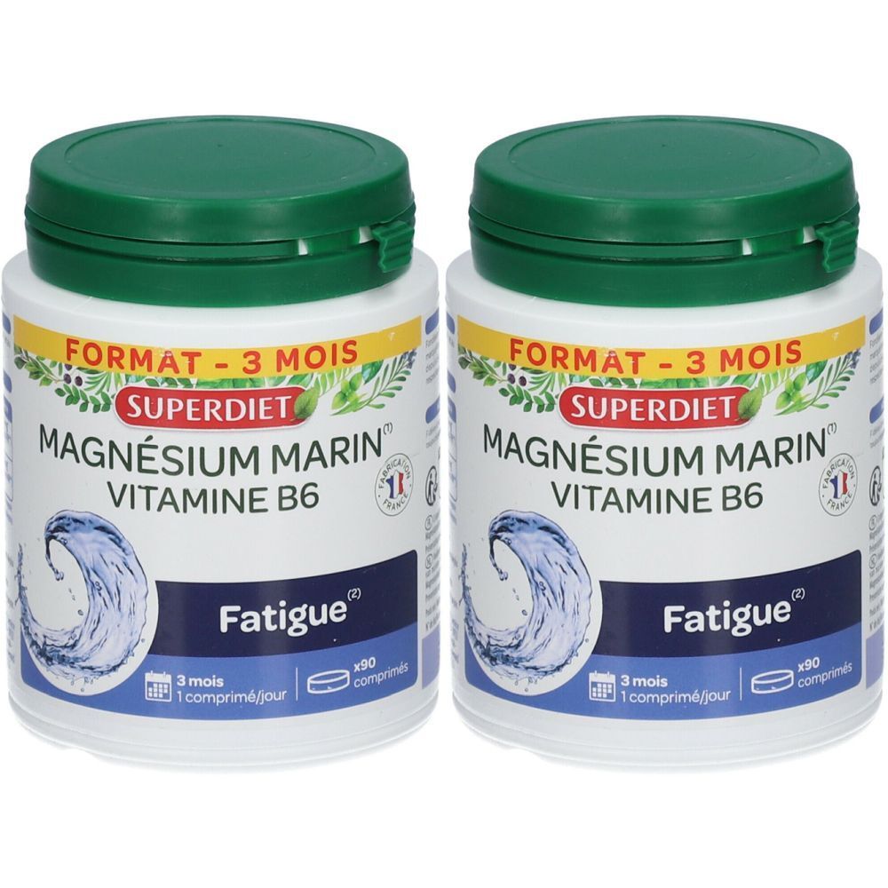 Zwei weiße Dosen mit grünem Deckel. Aufschrift: Superdiet Magnésium Marin Vitamine B6. Text: Fatigue. 90 Tabletten.