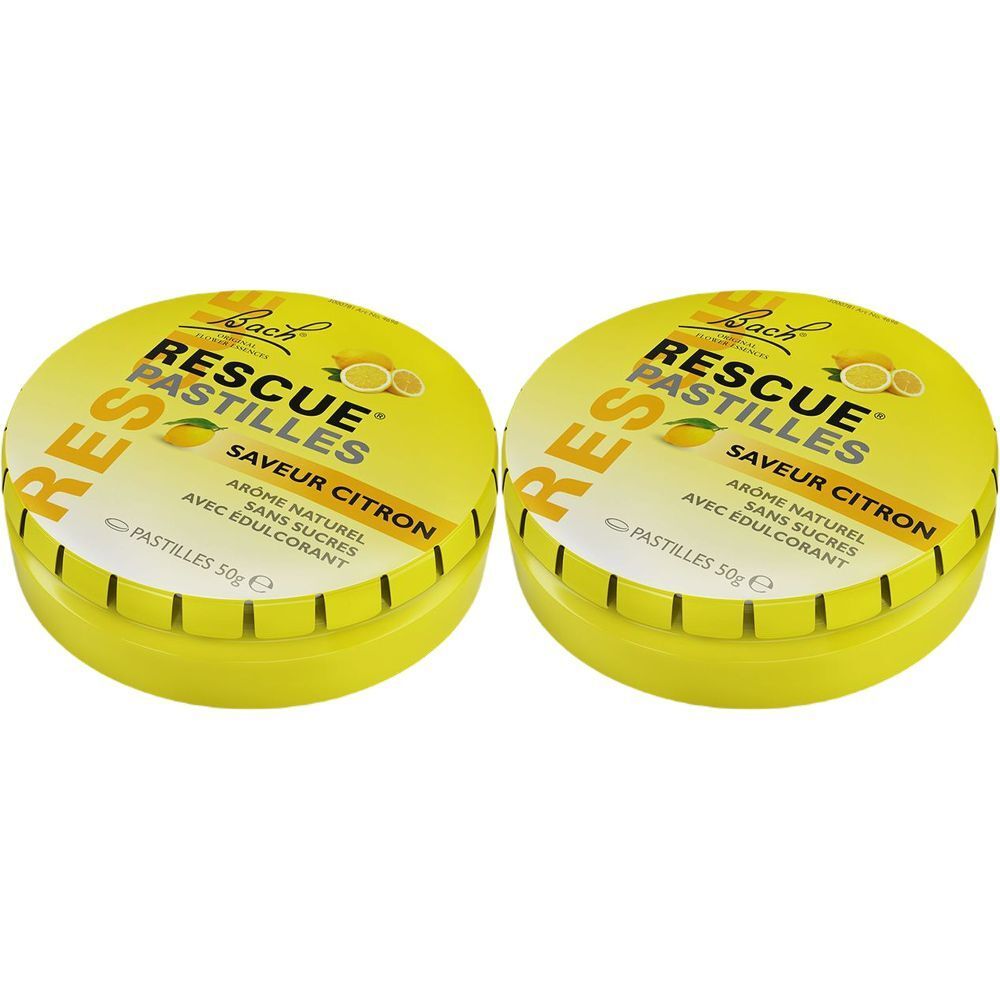 Zwei gelbe Pastillendosen. Aufschrift: Bach RESCUE PASTILLES, Zitrone, ohne Zucker, mit Süßungsmittel. 50g.