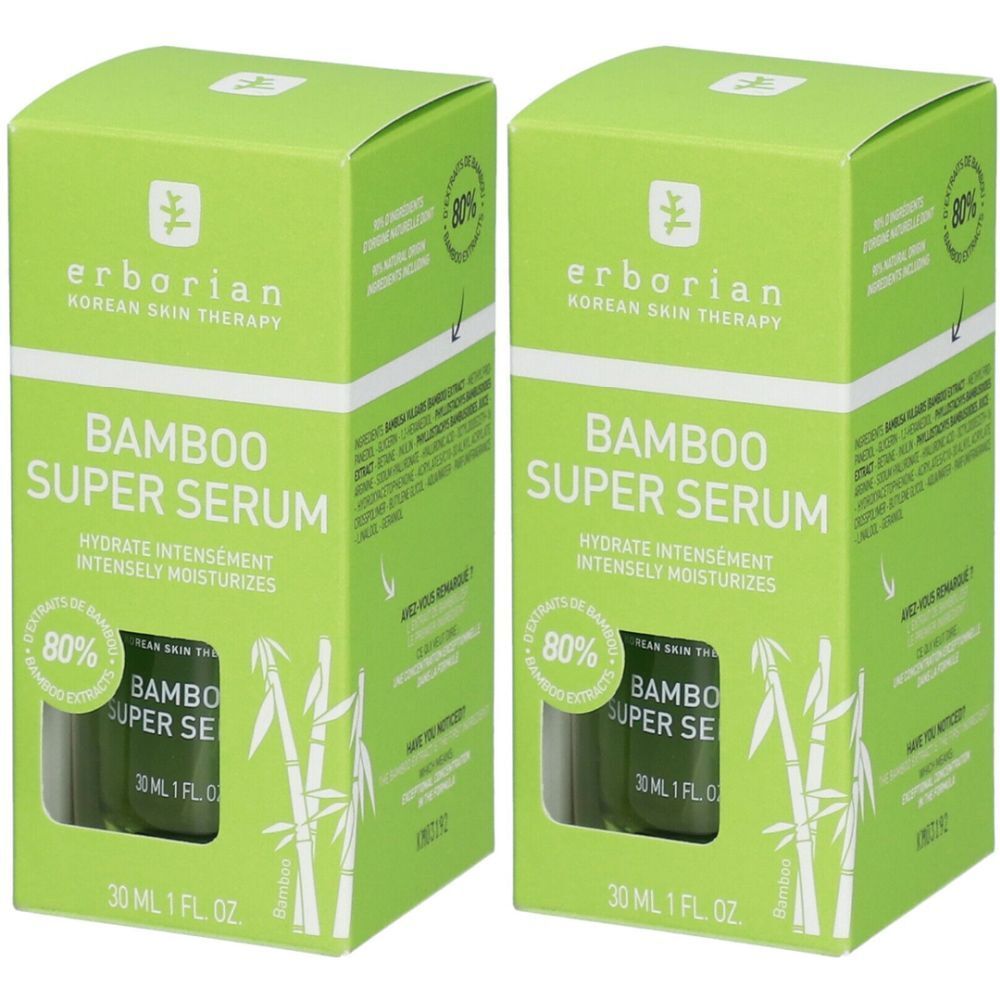 Deux boîtes vertes avec l'inscription "erborian Bamboo Super Serum". Inscription : "HYDRATE INTENSEMENT INTENSELY MOISTURIZES".