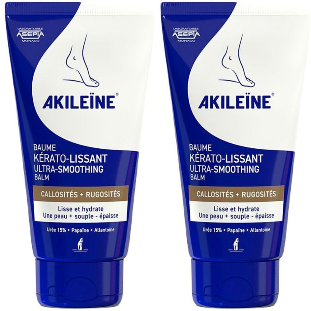 Deux tubes de Baume Kérato-Lissant Akileïne®. Emballage bleu et blanc avec nom du produit et illustration de pied. Texte: Ultra-Smoothing Balm.