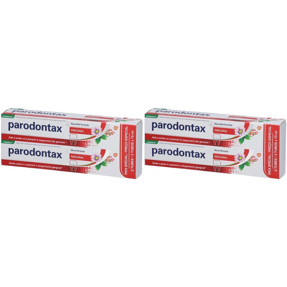 Deux boîtes de dentifrice. Marque "parodontax" visible. Emballage rouge et blanc avec nom du produit et éléments floraux. Texte multilingue.