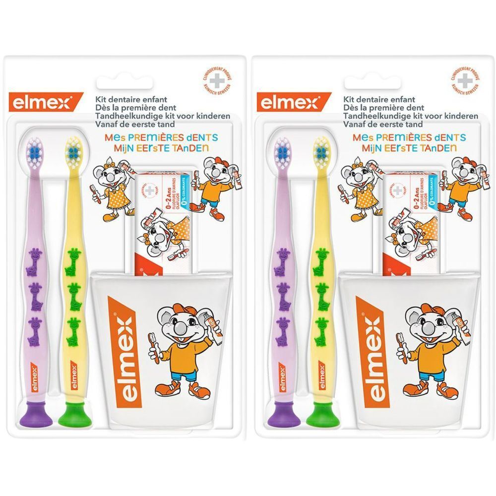 Zahnpflege-Set für Kinder. Enthält zwei Zahnbürsten, einen Becher und eine Zahnpasta. Verpackt in Blisterverpackung.