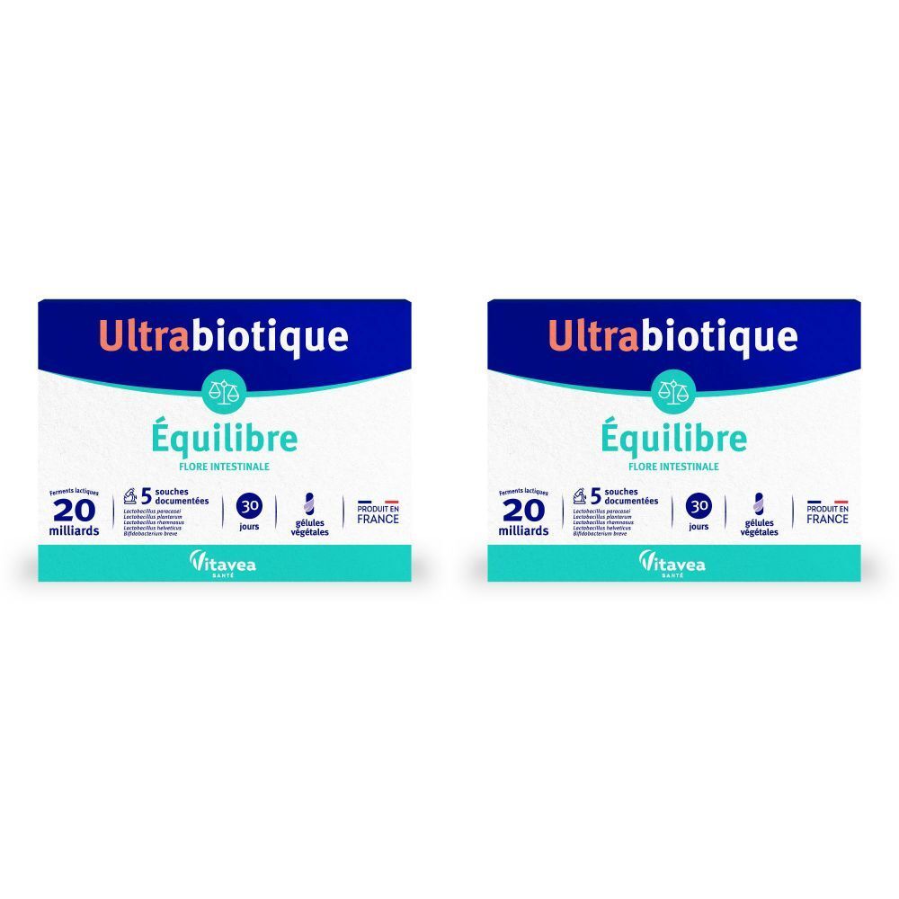 Deux boîtes de Nutrisanté Ultrabiotique Équilibre. Emballage bleu et blanc avec informations et logo.
