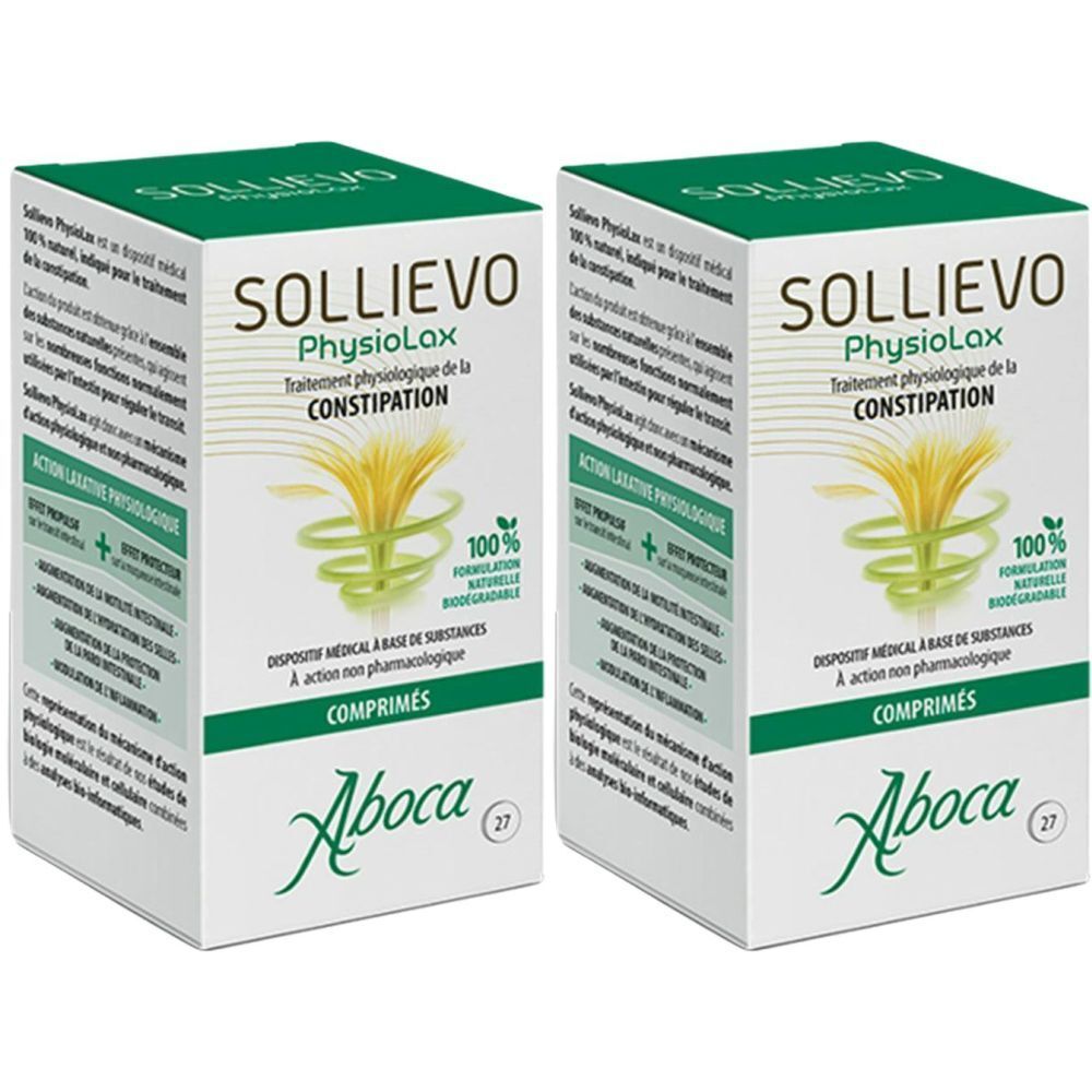 Deux boîtes de SOLLIEVO PHYSIOLAX. Inscription: Traitement physiologique de la CONSTIPATION. Marque Aboca. Formule 100% naturelle.
