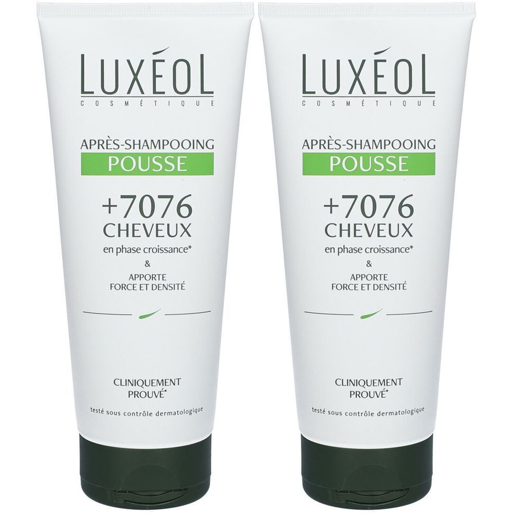 Deux tubes blancs. Inscription: LUXÉOL, Après-Shampooing Pousse, +7076 Cheveux, Cliniquement Prouvé. Fond vert.