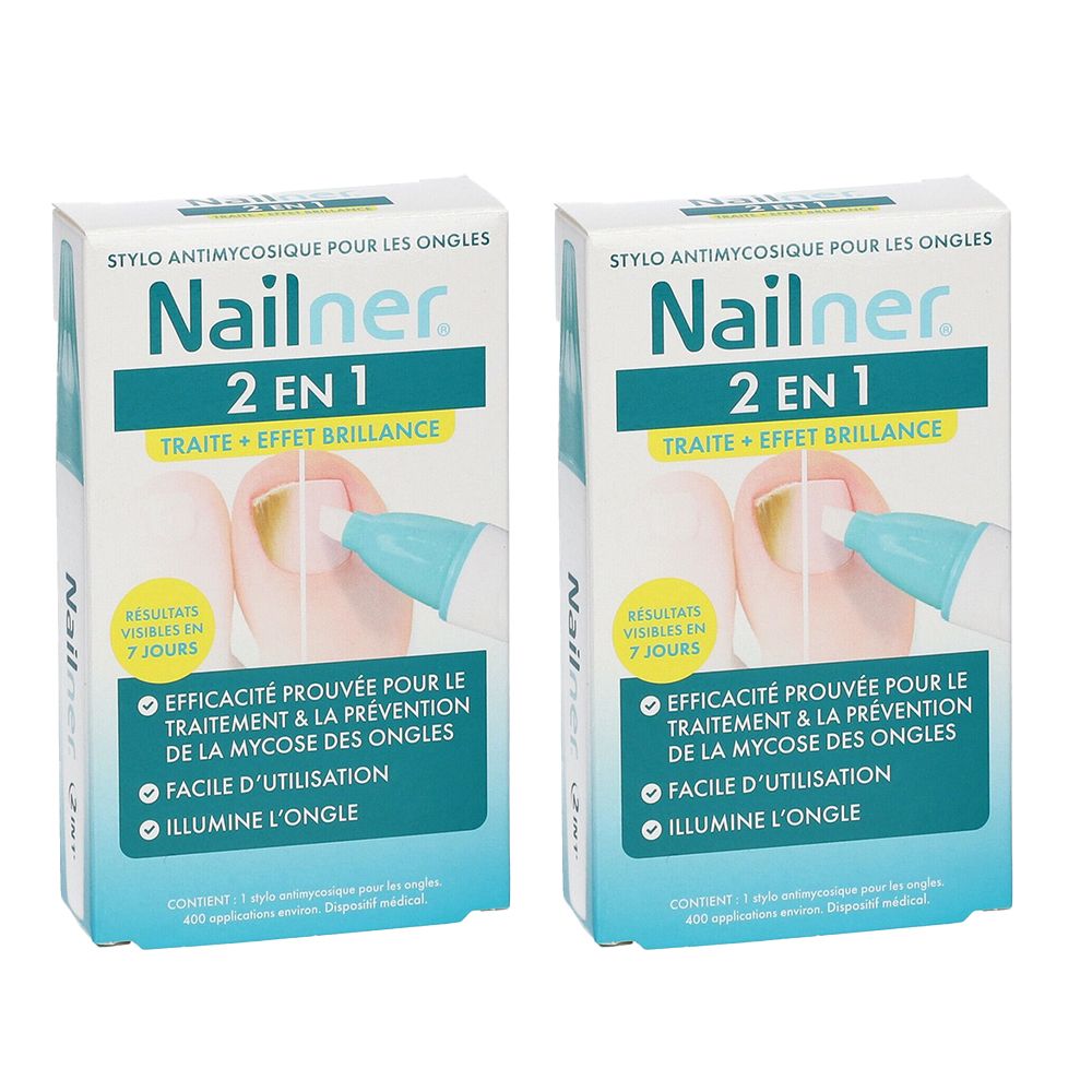 Twee dozen Nailner 2 in 1. Opschrift: nagelmycose behandeling, 2 in 1, resultaten in 7 dagen, gemakkelijk te gebruiken.