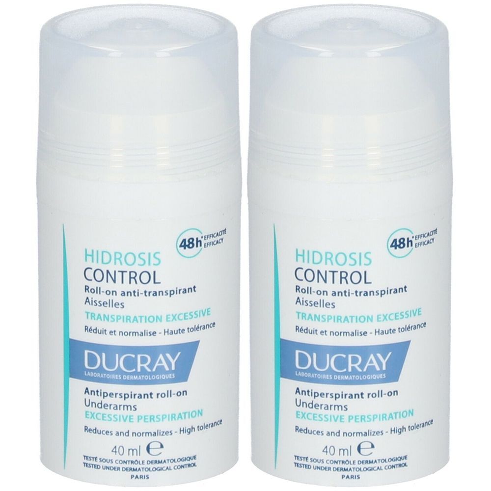 Deux roll-on anti-transpirants. Flacon blanc, étiquette bleue. Inscription : HIDROSIS CONTROL, DUCRAY, 40 ml. Efficacité 48h.