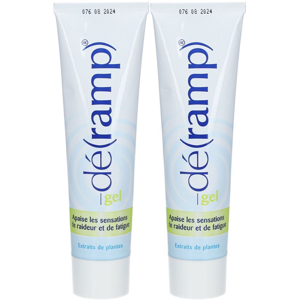 Twee tubes gel. Opschrift: dé(ramp) gel. Tekst: Apaise les sensations de raideur et de fatigue. Extraits de plantes. Houdbaarheidsdatum: 076 08 2024.
