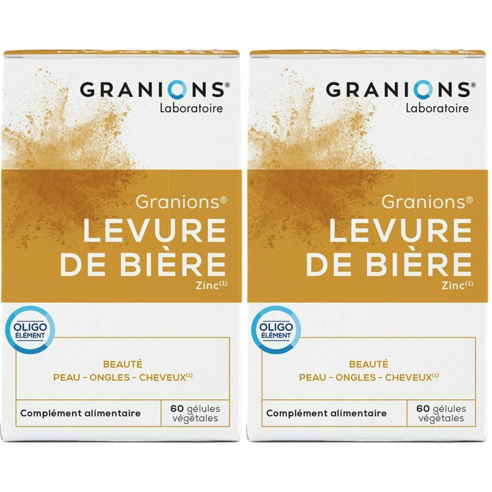 Deux boîtes de GRANIONS® Levure de Bière Zinc. Inscription : Levure de Bière, Zinc, 60 gélules végétales. Oligo Element.