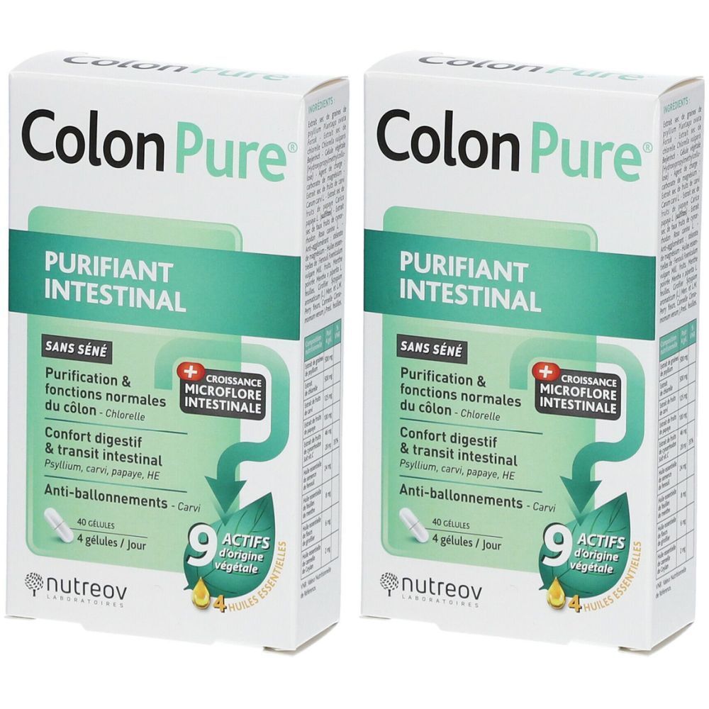 Deux boîtes de Colon Pure. Blanches, avec des accents verts. Texte: Purifiant Intestinal, Sans Séné, 9 Actifs d'origine végétale.