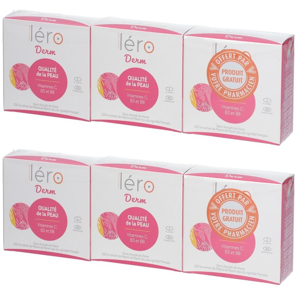 Six boîtes Léro Derm. Emballage blanc avec accents roses. Texte : Qualité de la Peau, Vitamines C, B3 et B6. Autocollant produit gratuit.