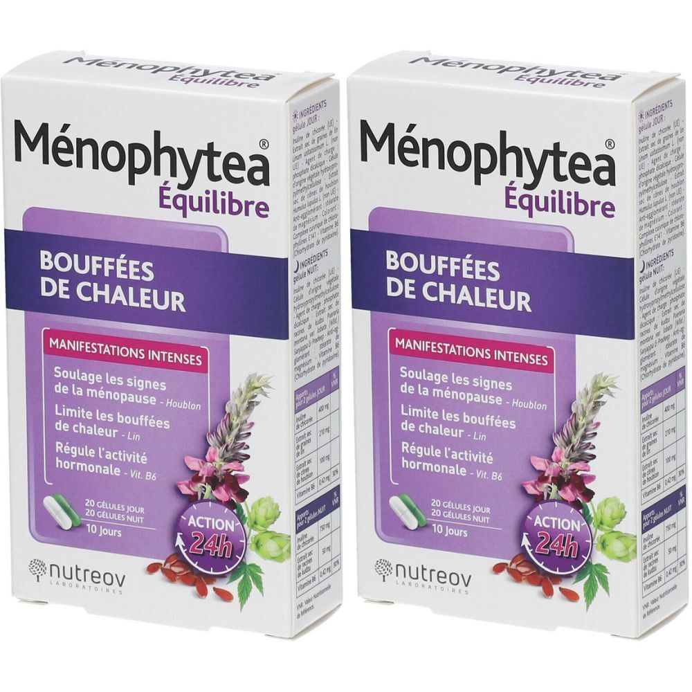 Deux boîtes de Menophytea Équilibre. Inscription: Bouffées de Chaleur. Emballage violet et blanc avec informations produit.