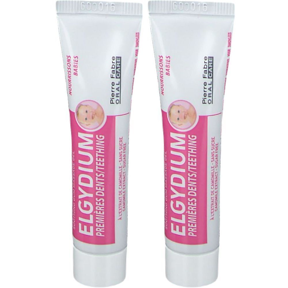 Deux tubes de gel ELGYDIUM Premières Dents/Teething. Tubes blanc et rose avec nom du produit, illustration bébé et texte. Pierre Fabre Oral Care.