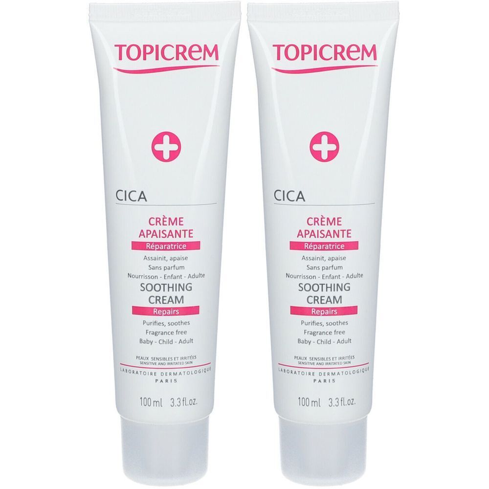 Deux tubes de crème blancs avec des détails roses. Inscriptions : TOPICREM, CICA, Crème Apaisante, Soothing Cream. Symbole croix.