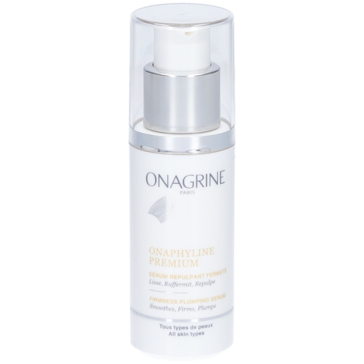 Flacon de sérum Onagrine Onaphyline Premium avec pompe. Étiquette blanche, bouchon argenté. Capuchon transparent.