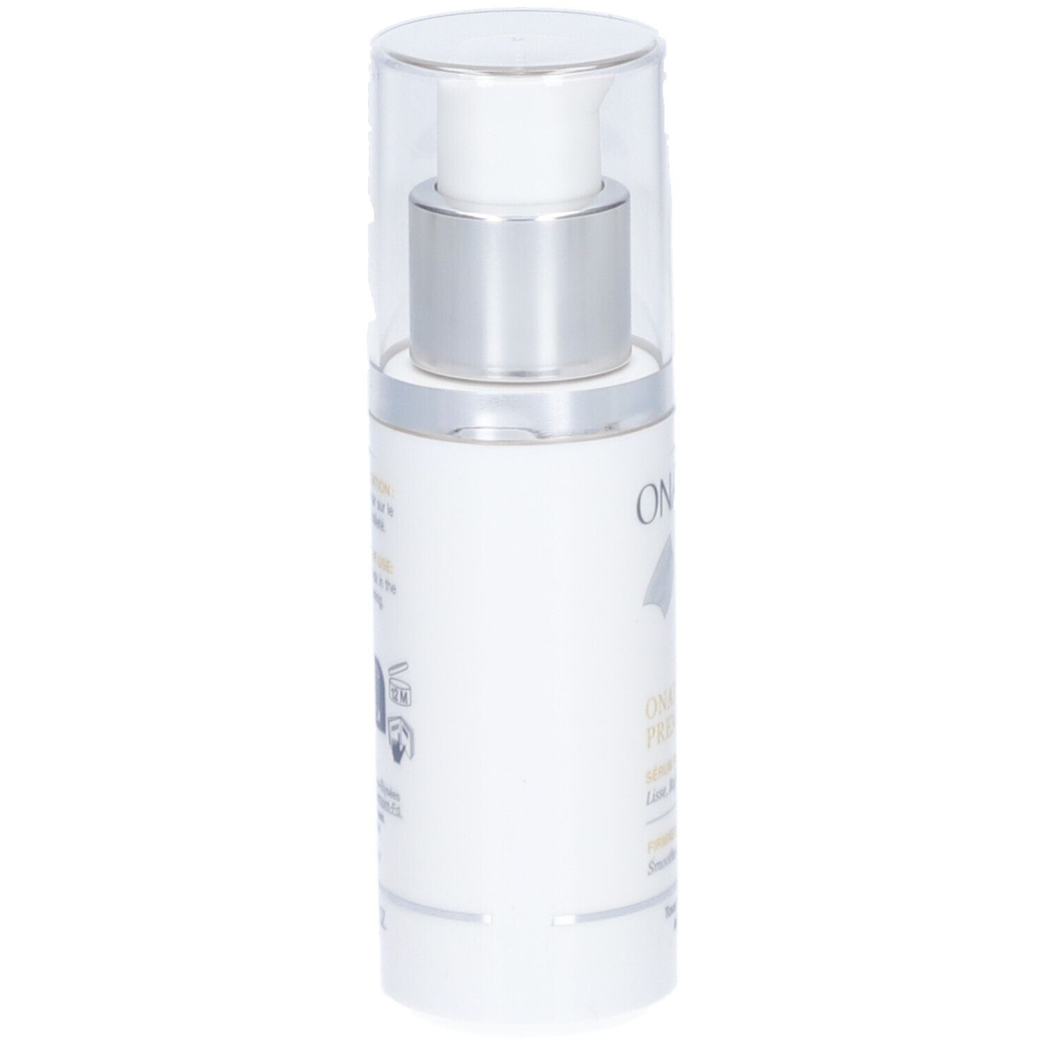 Flacon de sérum Onagrine Onaphyline Premium, vue latérale. Étiquette blanche avec texte et symboles. Bouchon argenté.