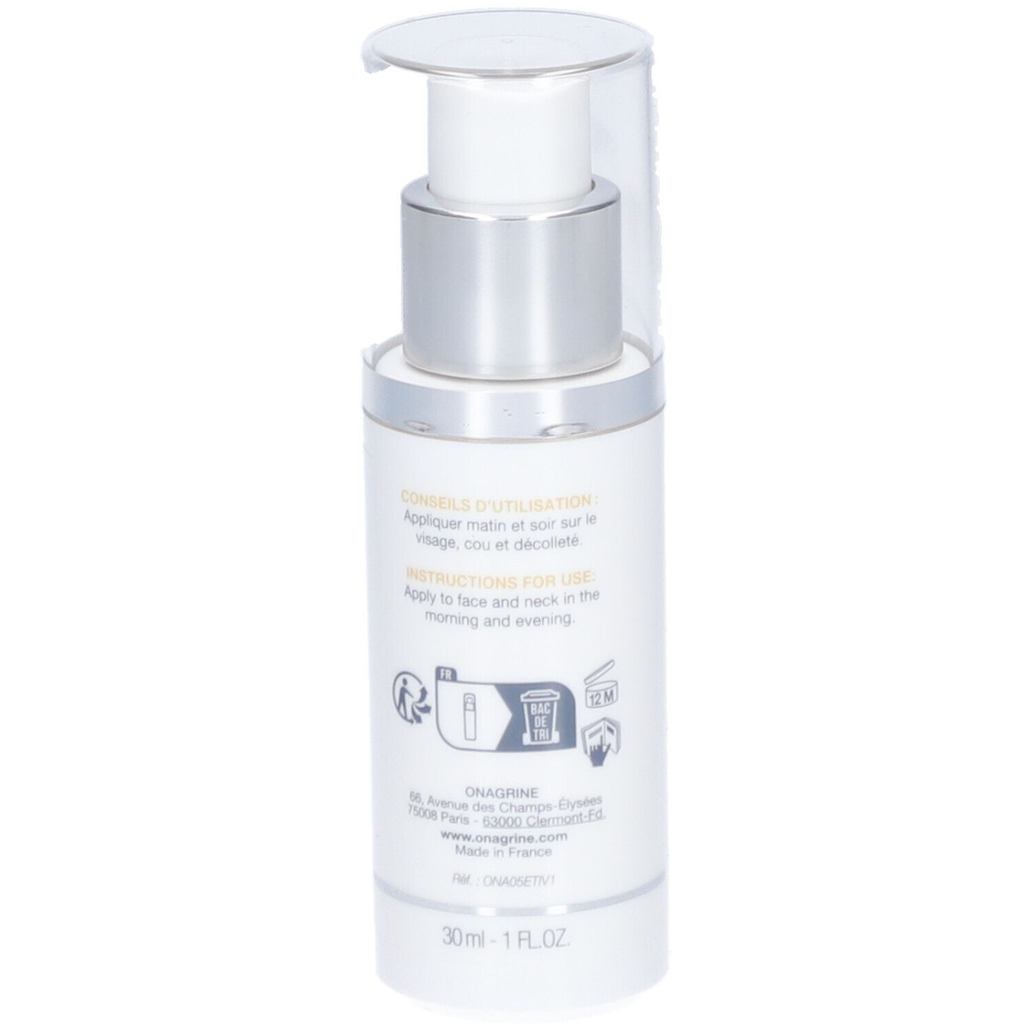 Flacon de sérum Onagrine Onaphyline Premium, dos. Texte avec instructions d'utilisation. Pompe argentée, capuchon transparent.