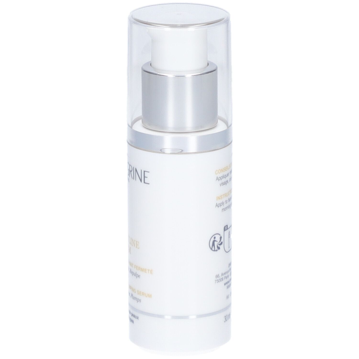 Flacon de sérum Onagrine Onaphyline Premium. Étiquette blanche, pompe argentée, capuchon transparent. 30ml.