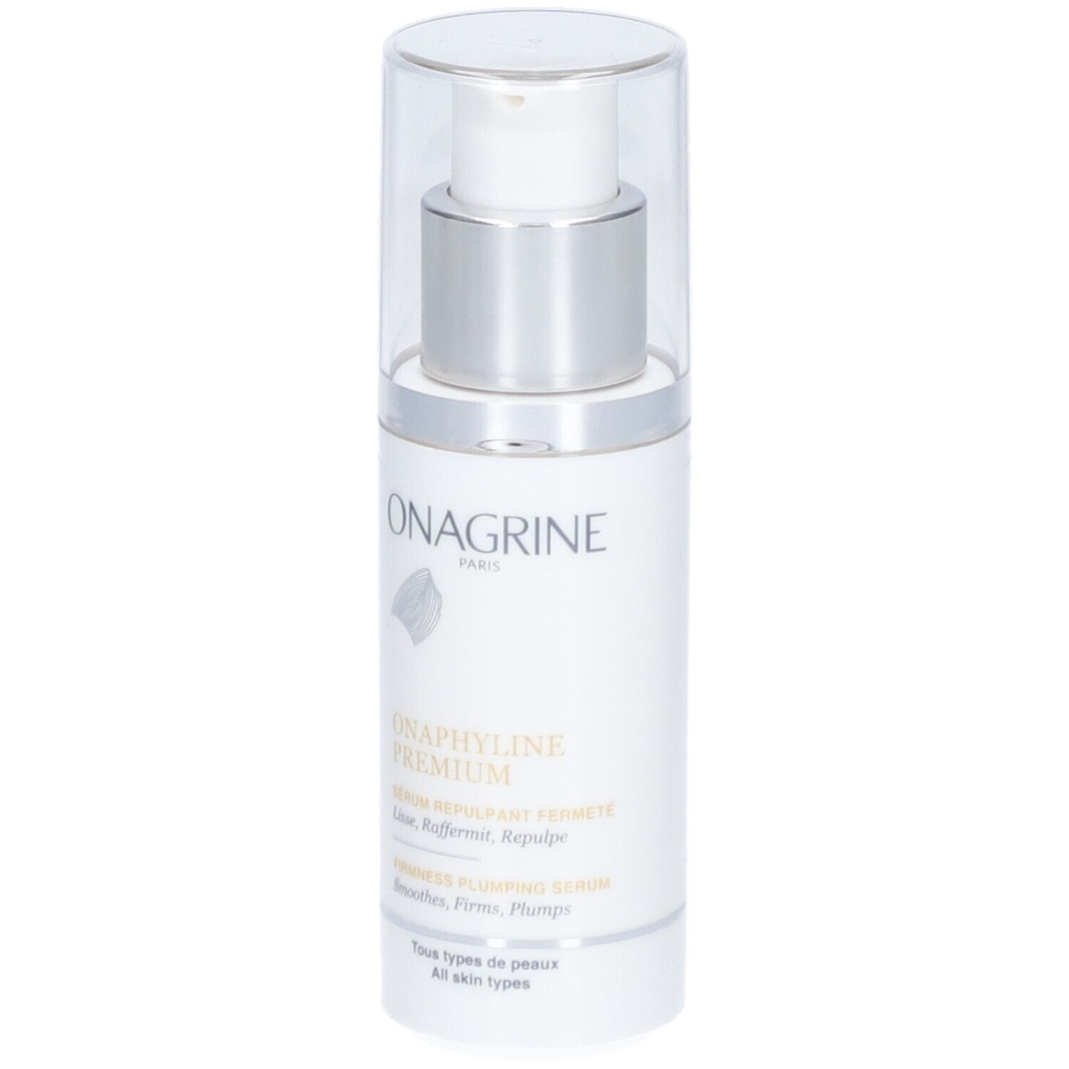Flacon de sérum Onagrine Onaphyline Premium. Étiquette blanche, pompe argentée, capuchon transparent. Nom du produit.