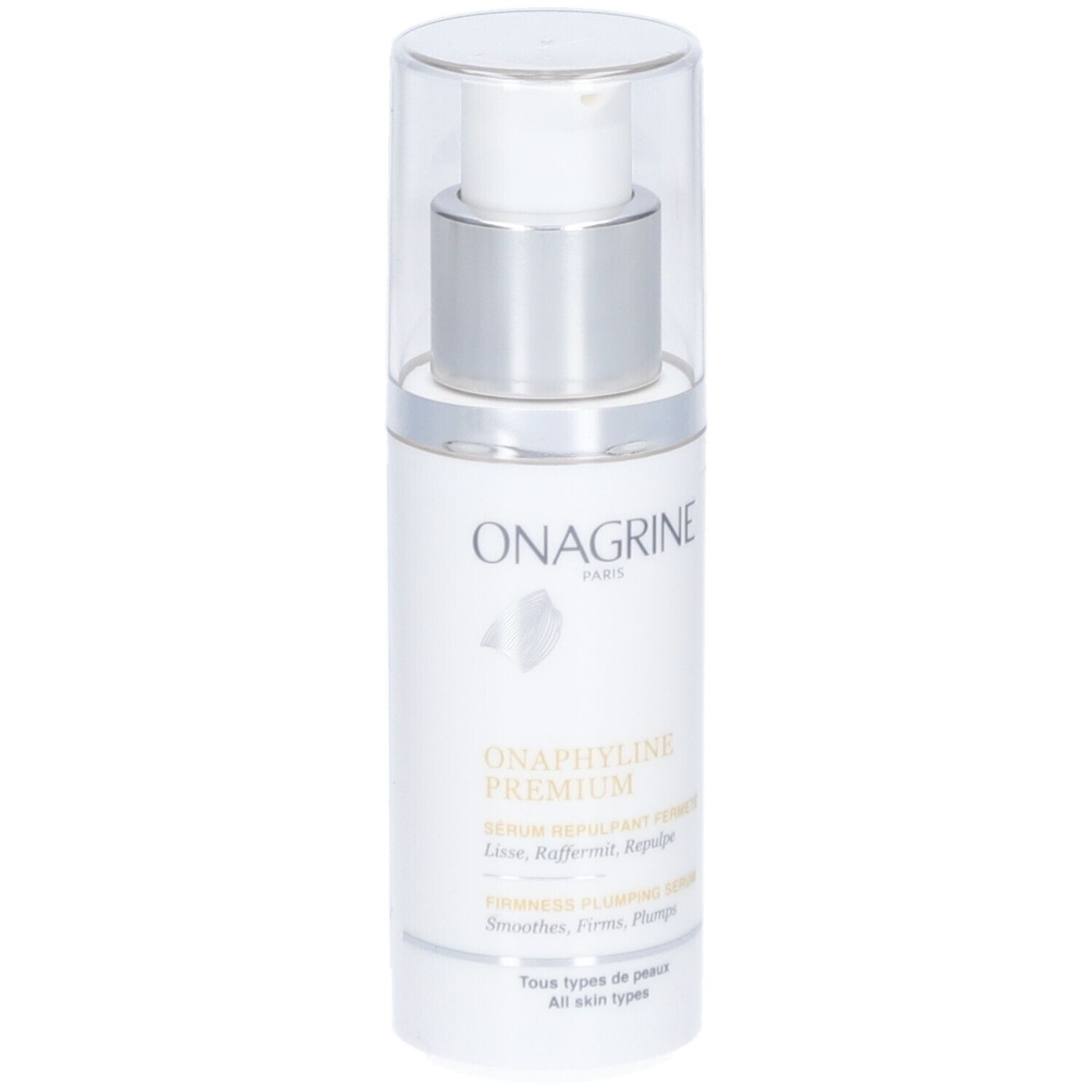 Flacon de sérum Onagrine Onaphyline Premium. Étiquette blanche, pompe argentée, capuchon transparent. Nom du produit.