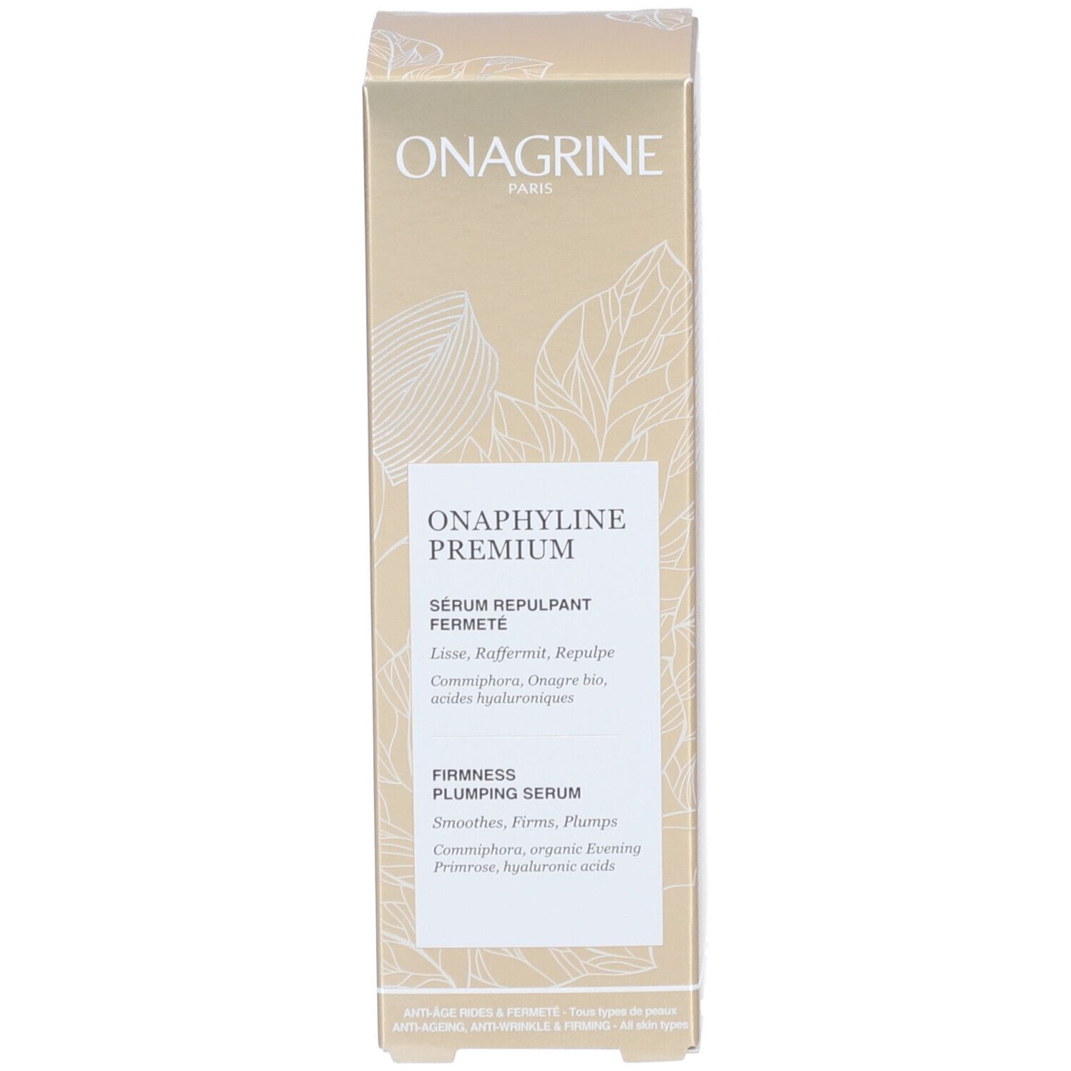 Emballage de sérum Onagrine Onaphyline Premium. Doré avec nom et description du produit. Texte blanc.