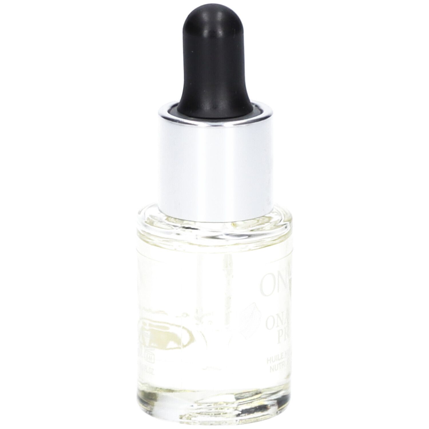 Flacon en verre transparent avec bouchon argenté et pipette noire. Inscription du produit visible.