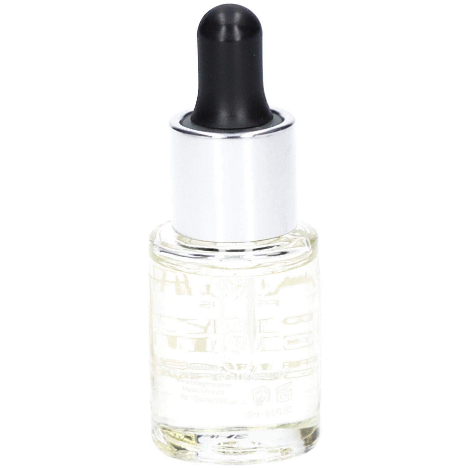 Flacon en verre transparent avec bouchon argenté et pipette noire. Inscription du produit visible.