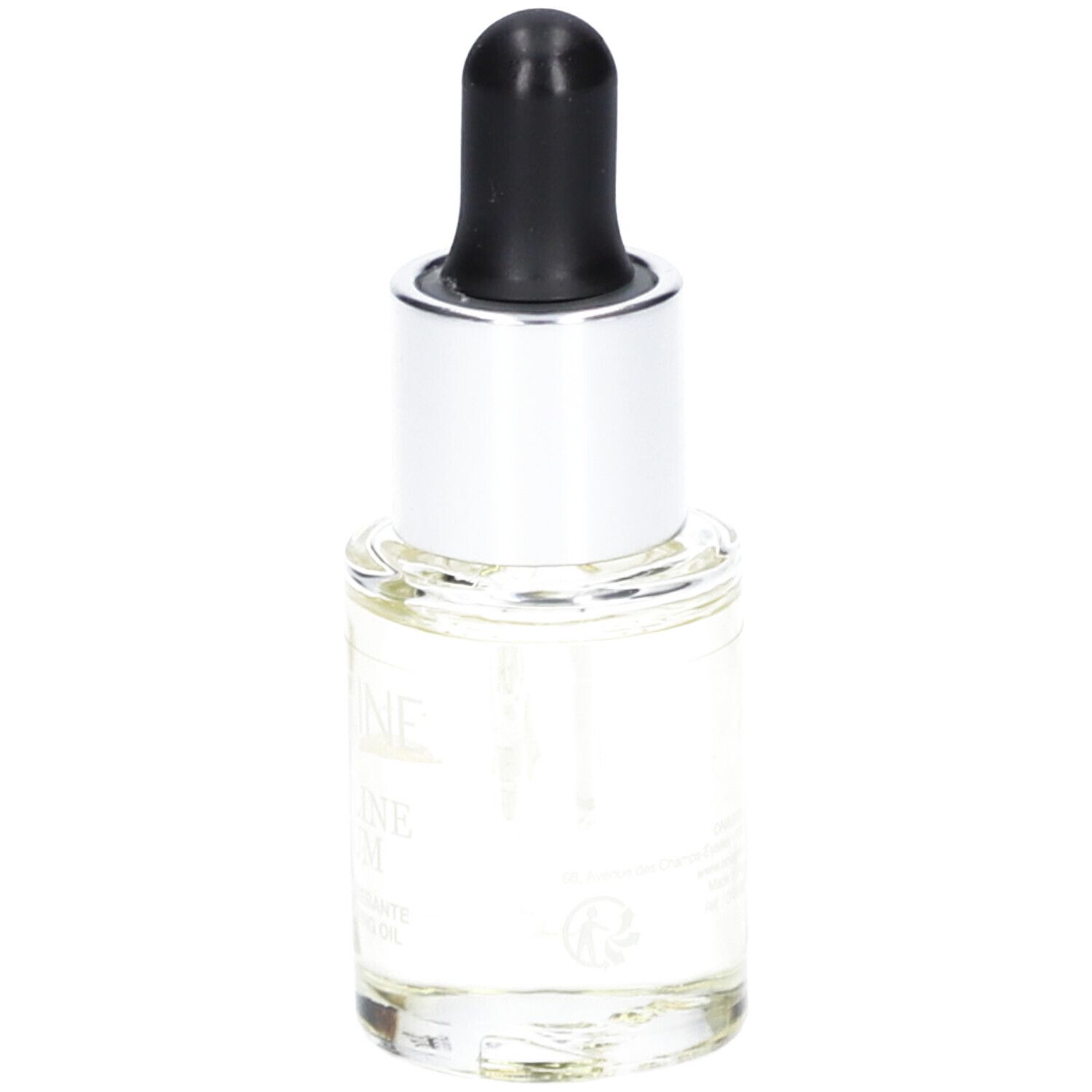 Flacon en verre transparent avec bouchon argenté et pipette noire. Inscription du produit visible.