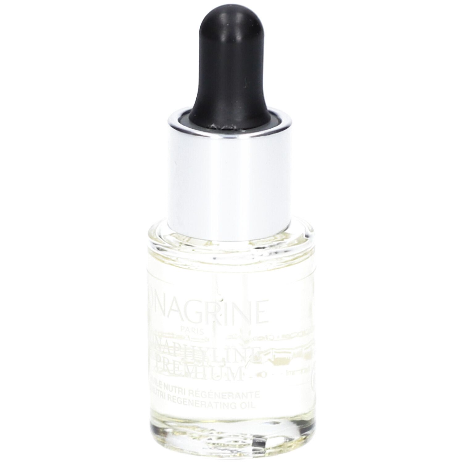 Flacon en verre transparent avec bouchon argenté et pipette noire. Inscription du produit visible.