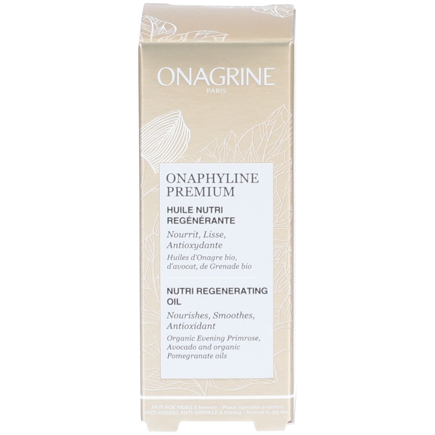 Emballage produit avec nom et description. Design beige et doré.