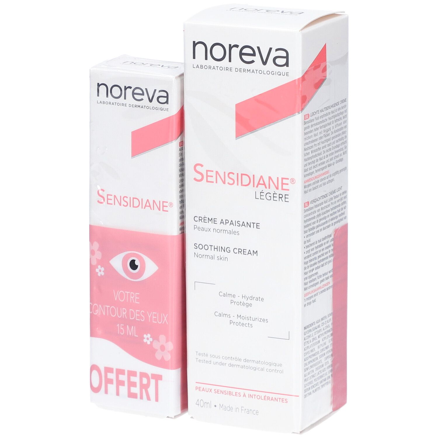 Deux boîtes Noreva. Une pour les yeux, une pour le visage. Blanches avec accents roses. Texte: Sensidiane, Crème Légère.