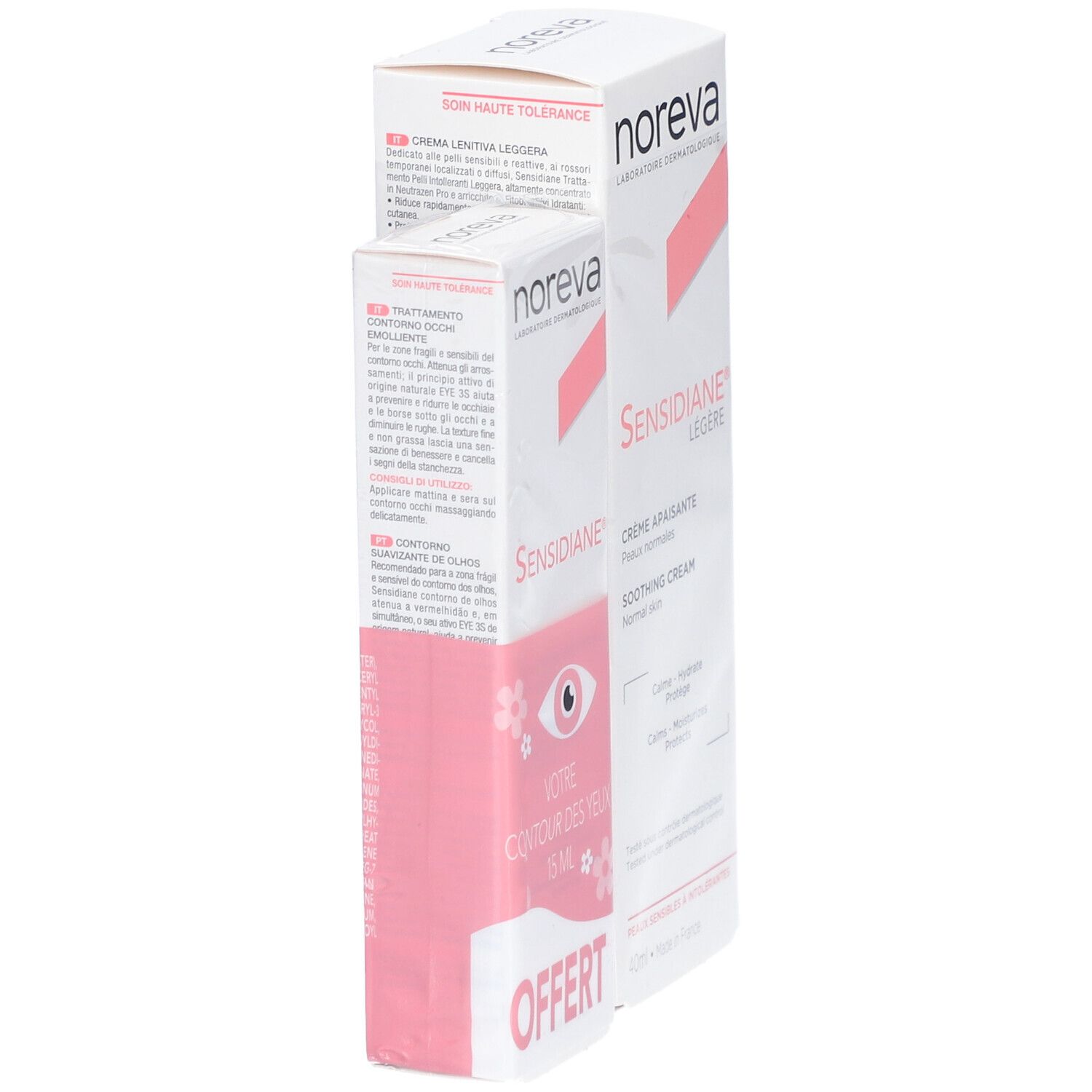 Deux boîtes Noreva. Une pour les yeux, une pour le visage. Blanches avec accents roses. Texte: Sensidiane, Crème Légère.