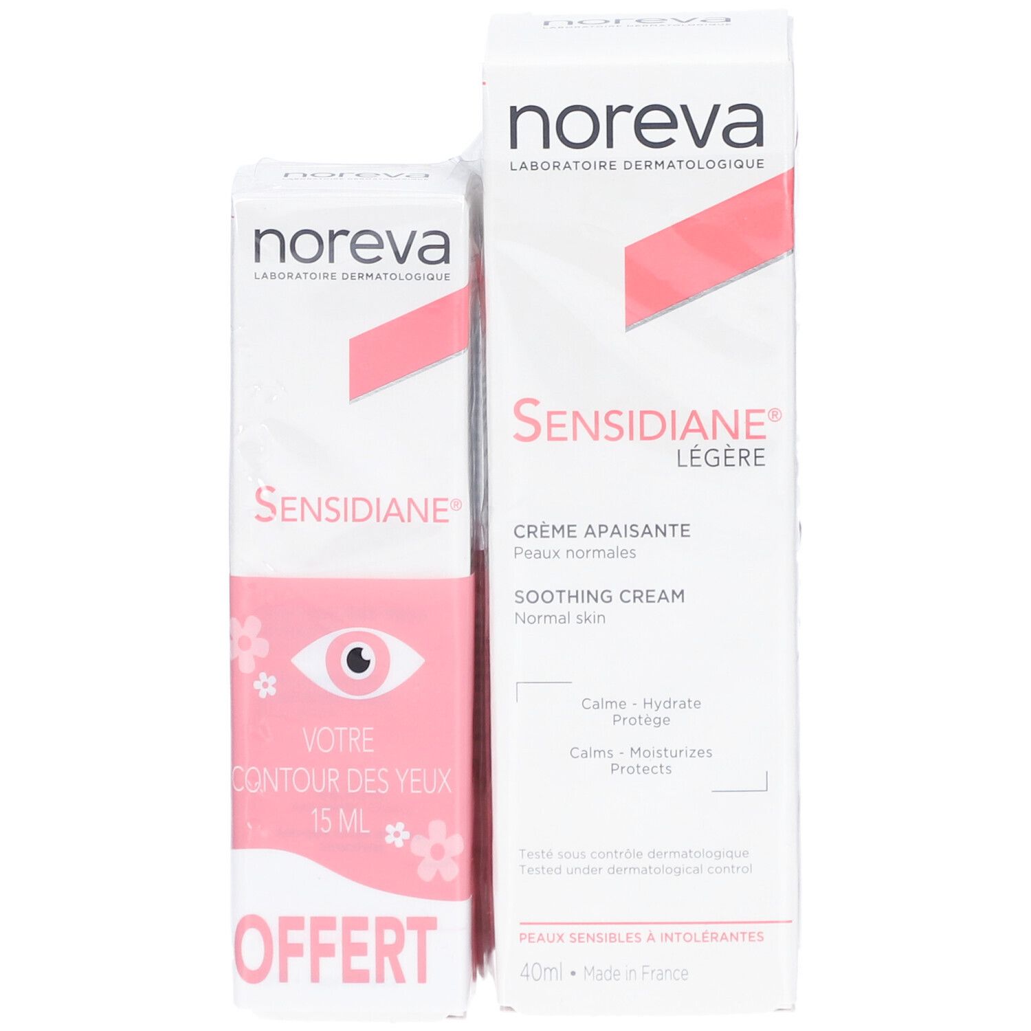 Deux boîtes Noreva. Une pour les yeux, une pour le visage. Blanches avec accents roses. Texte: Sensidiane, Crème Légère.