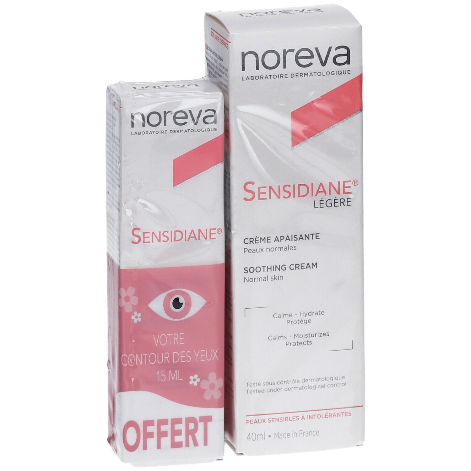 Deux boîtes Noreva. Une pour les yeux, une pour le visage. Blanches avec accents roses. Texte: Sensidiane, Crème Légère.