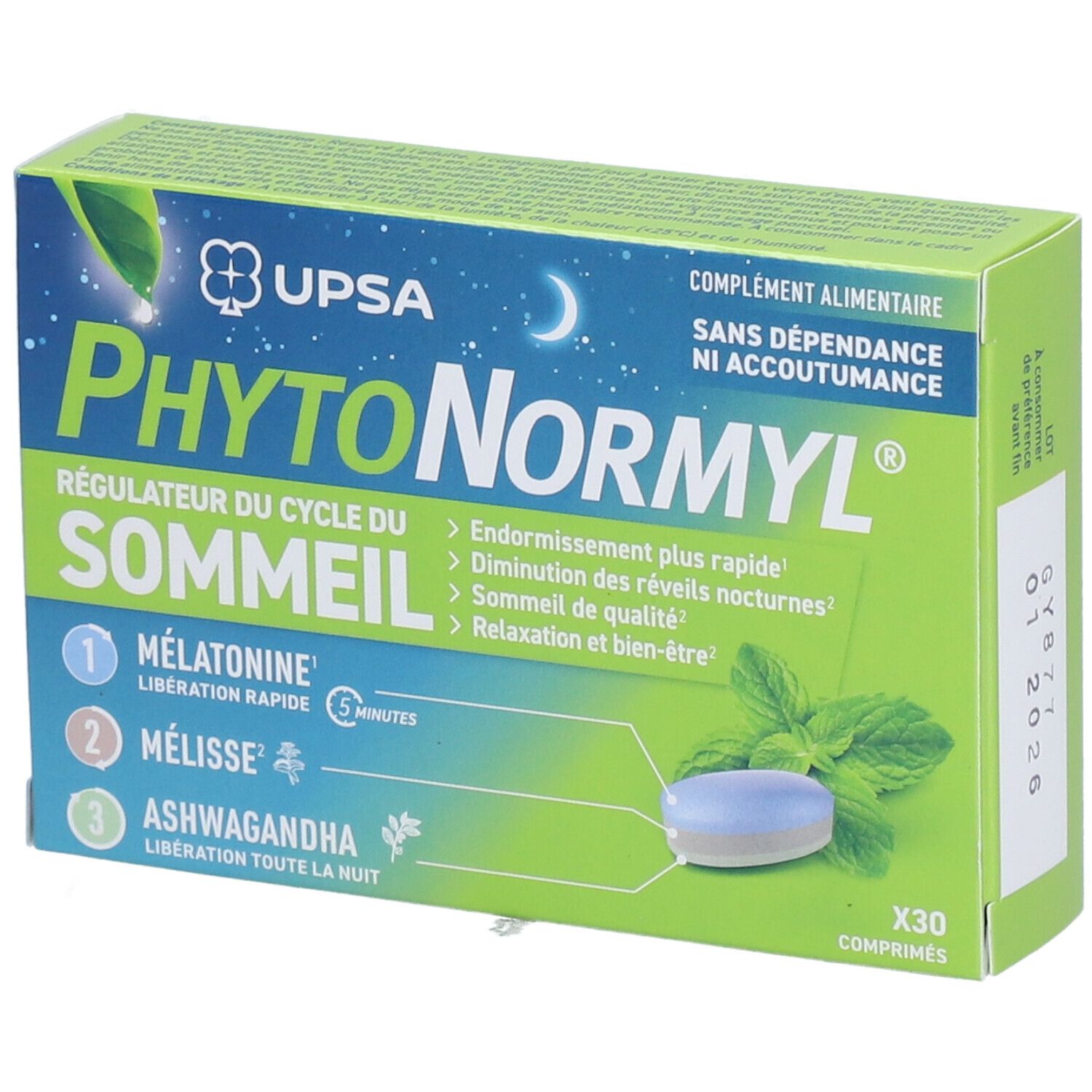 Boîte Phytonormyl UPSA. Vert, bleu et blanc. Contient 30 comprimés. Logo et nom du produit visibles.