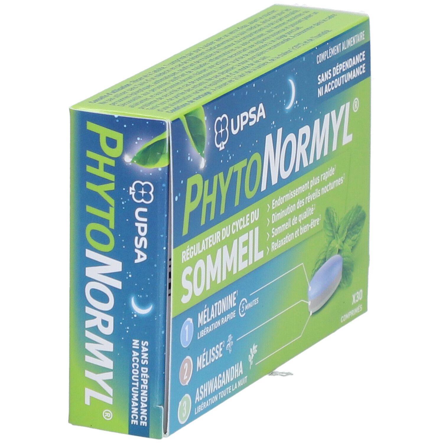 Boîte Phytonormyl UPSA. Vert, bleu et blanc. Contient 30 comprimés. Logo et nom du produit visibles.