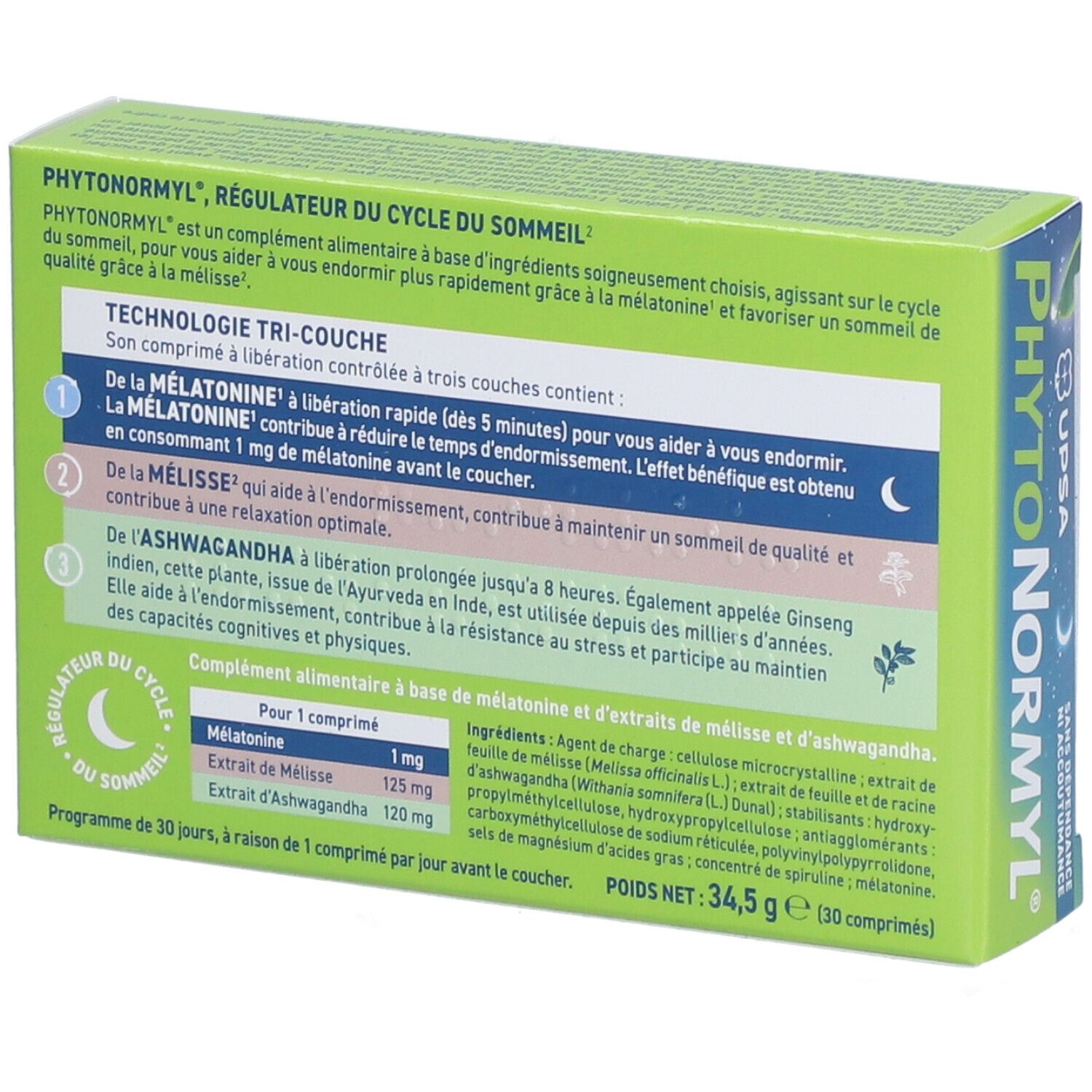 Dos de la boîte Phytonormyl UPSA. Texte en français. Ingrédients et informations sur le produit.